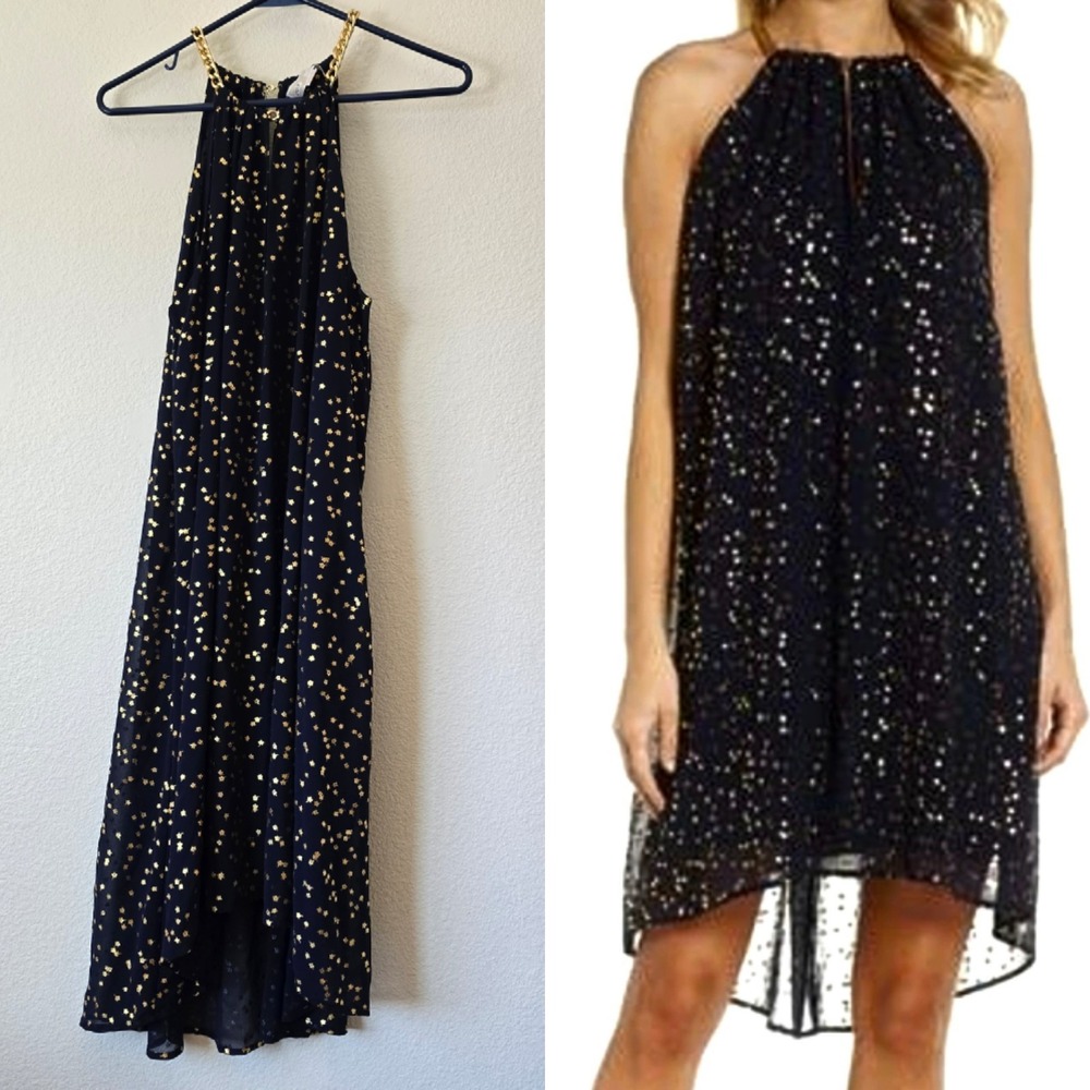 Michael Kors Navy Gold Chain Halter Dress Clover HiLo Sheer Formal Wedding Large